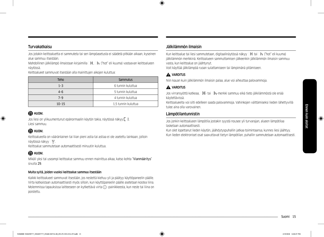 Samsung NZ64N9777GK/E1, NZ64N7777GK/E1 manual Turvakatkaisu, Jälkilämmön ilmaisin, Lämpötilantunnistin 