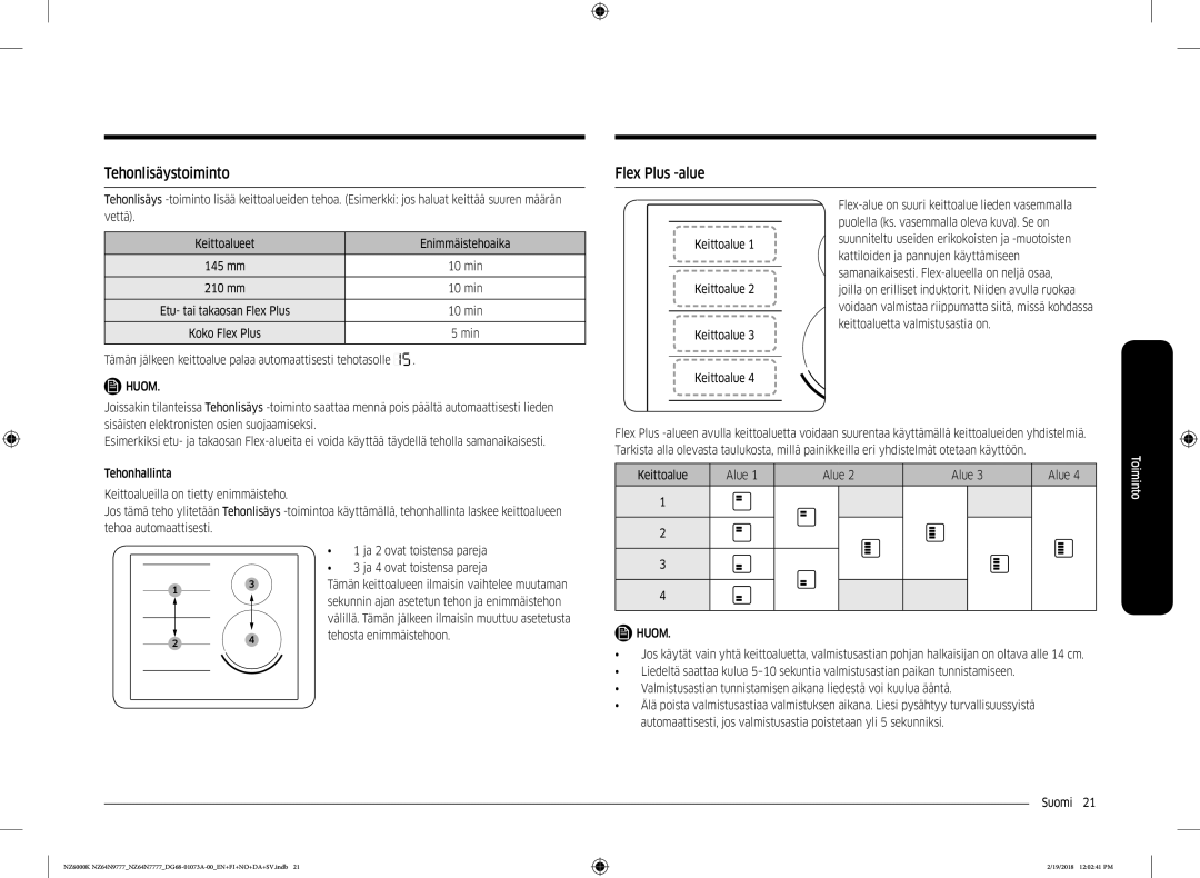 Samsung NZ64N9777GK/E1, NZ64N7777GK/E1 manual Tehonlisäystoiminto, Flex Plus -alue 