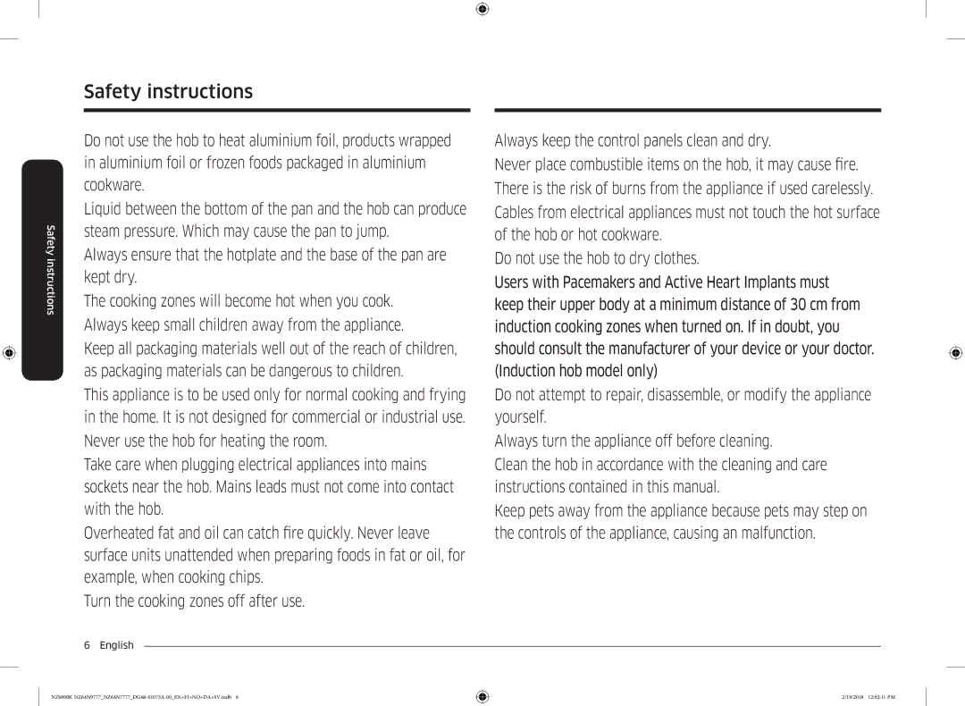 Samsung NZ64N7777GK/E1, NZ64N9777GK/E1 manual Safety instructions 