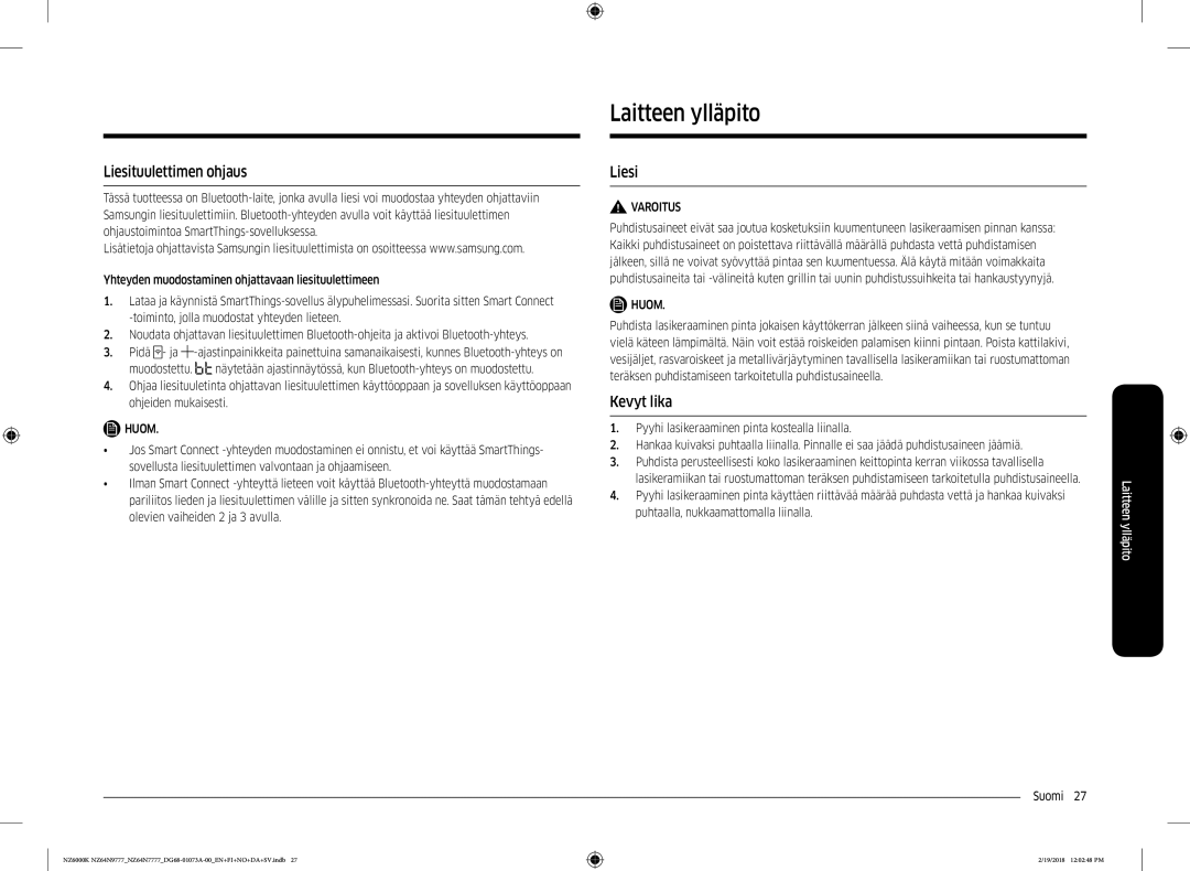 Samsung NZ64N9777GK/E1, NZ64N7777GK/E1 manual Laitteen ylläpito, Liesituulettimen ohjaus, Kevyt lika 