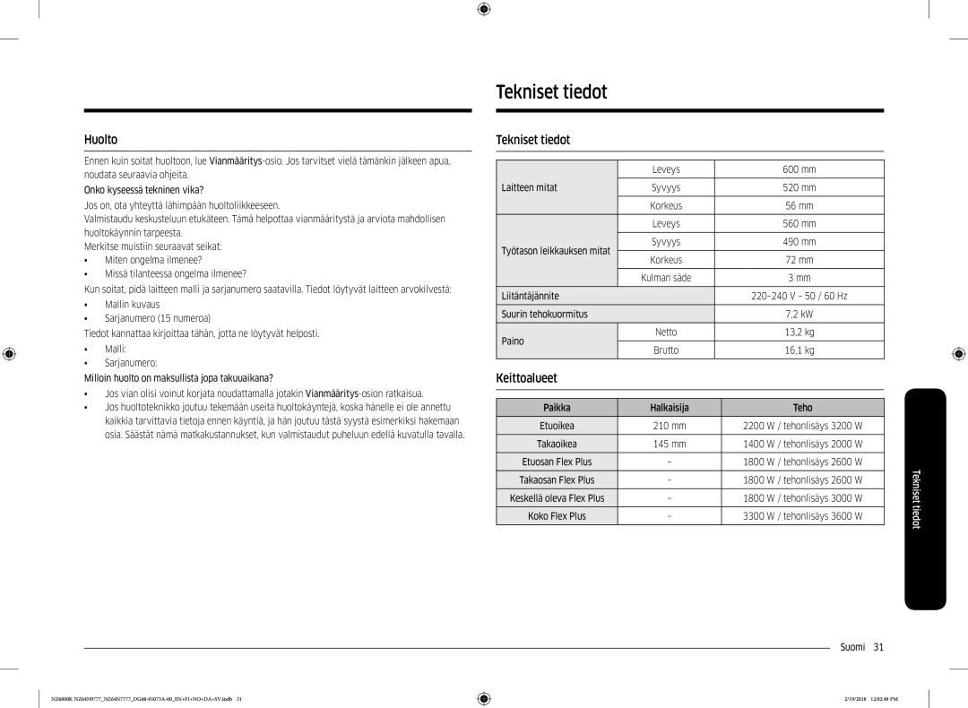 Samsung NZ64N9777GK/E1, NZ64N7777GK/E1 manual Tekniset tiedot, Huolto 