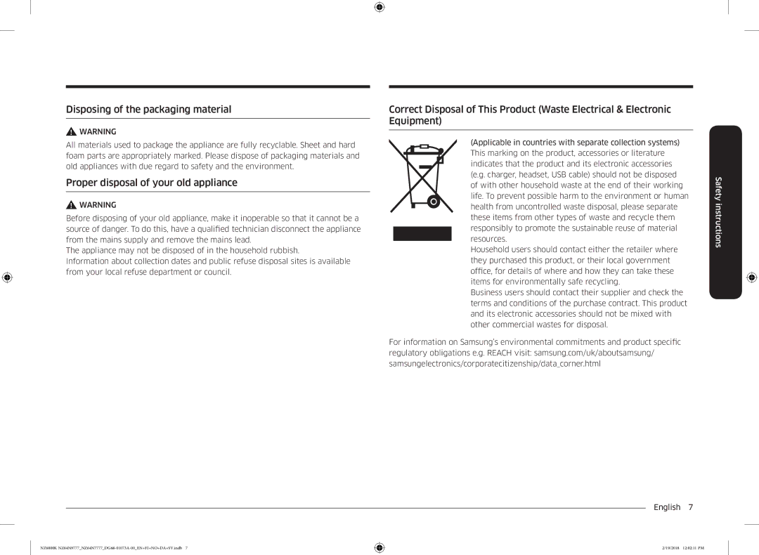 Samsung NZ64N9777GK/E1, NZ64N7777GK/E1 manual Disposing of the packaging material, Proper disposal of your old appliance 