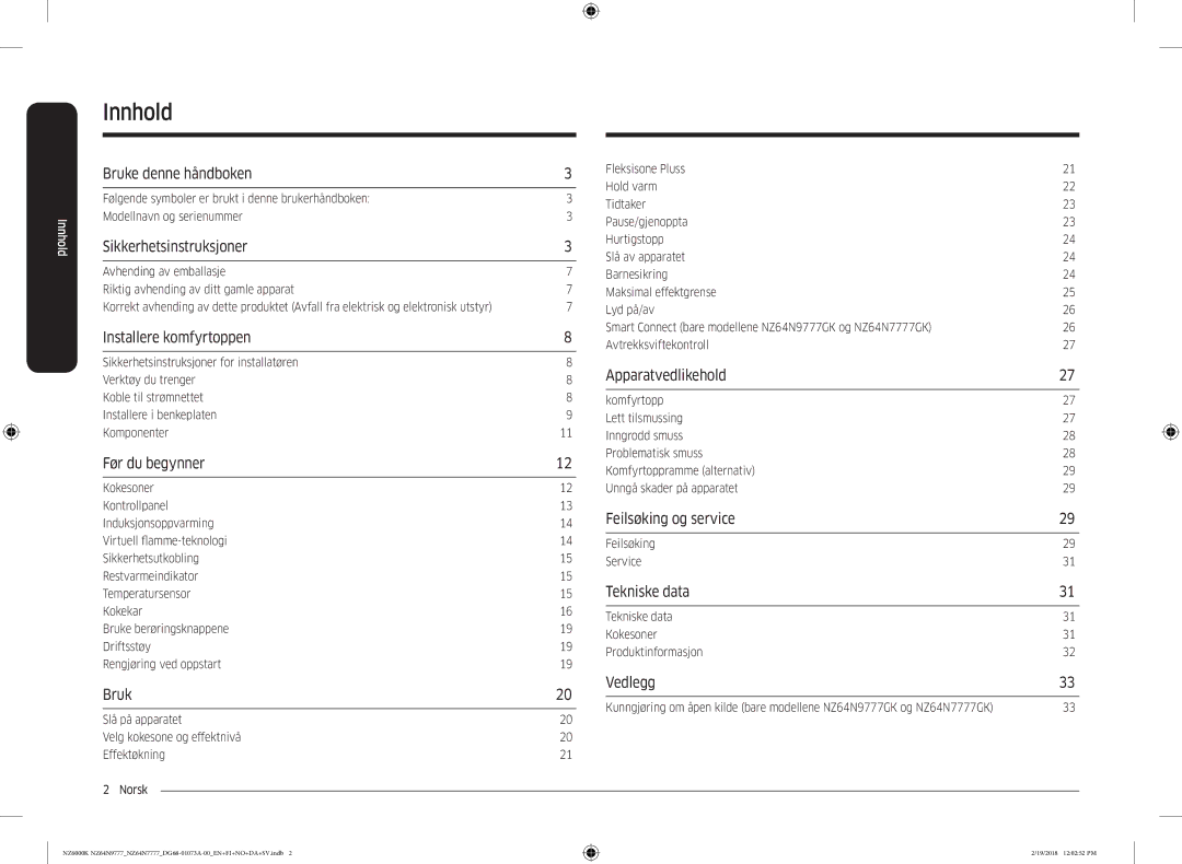 Samsung NZ64N7777GK/E1, NZ64N9777GK/E1 manual Innhold 