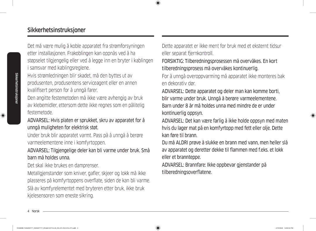 Samsung NZ64N7777GK/E1, NZ64N9777GK/E1 manual Sikkerhetsinstruksjoner 