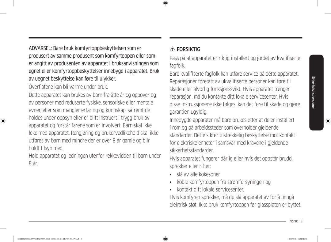 Samsung NZ64N9777GK/E1, NZ64N7777GK/E1 manual Forsiktig 