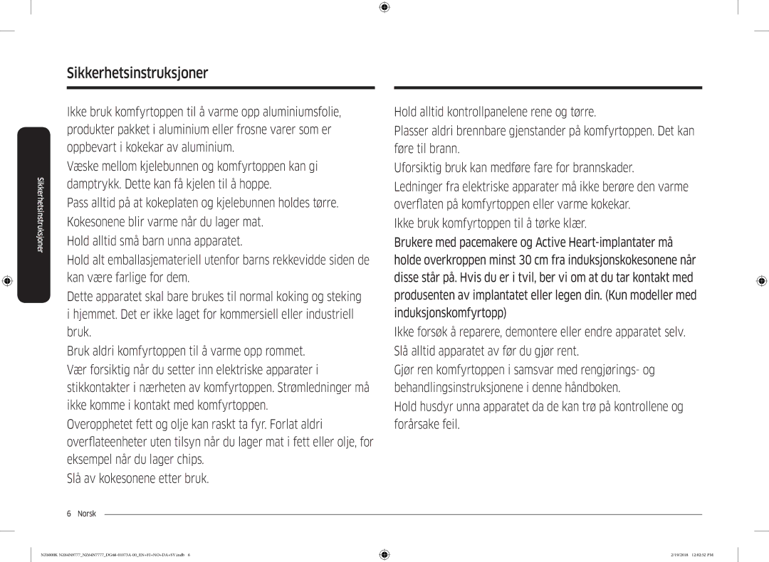 Samsung NZ64N7777GK/E1, NZ64N9777GK/E1 manual Sikkerhetsinstruksjoner 