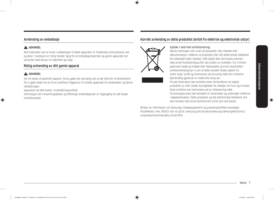 Samsung NZ64N9777GK/E1, NZ64N7777GK/E1 manual Avhending av emballasje, Riktig avhending av ditt gamle apparat 