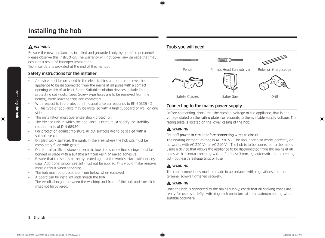 Samsung NZ64N7777GK/E1, NZ64N9777GK/E1 manual Installing the hob, Safety instructions for the installer, Tools you will need 