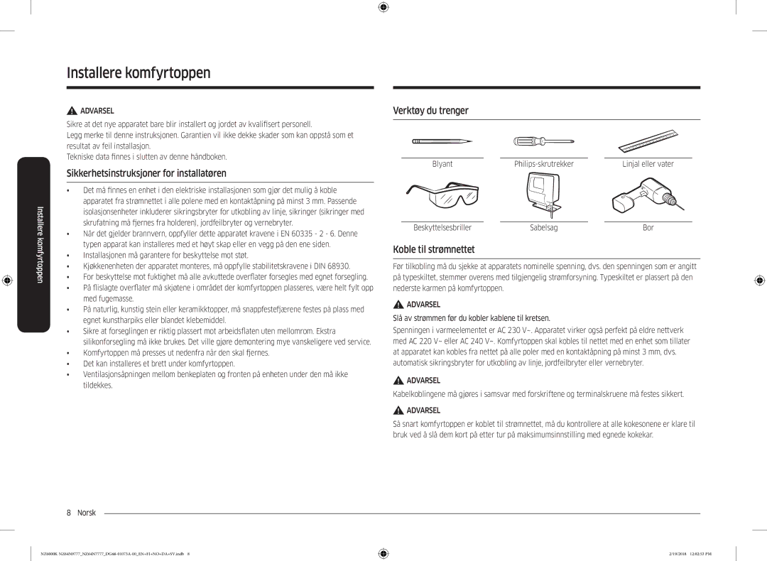 Samsung NZ64N7777GK/E1 manual Installere komfyrtoppen, Sikkerhetsinstruksjoner for installatøren, Verktøy du trenger 