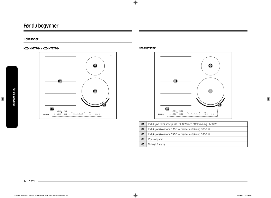 Samsung NZ64N7777GK/E1, NZ64N9777GK/E1 manual Før du begynner, Kokesoner 