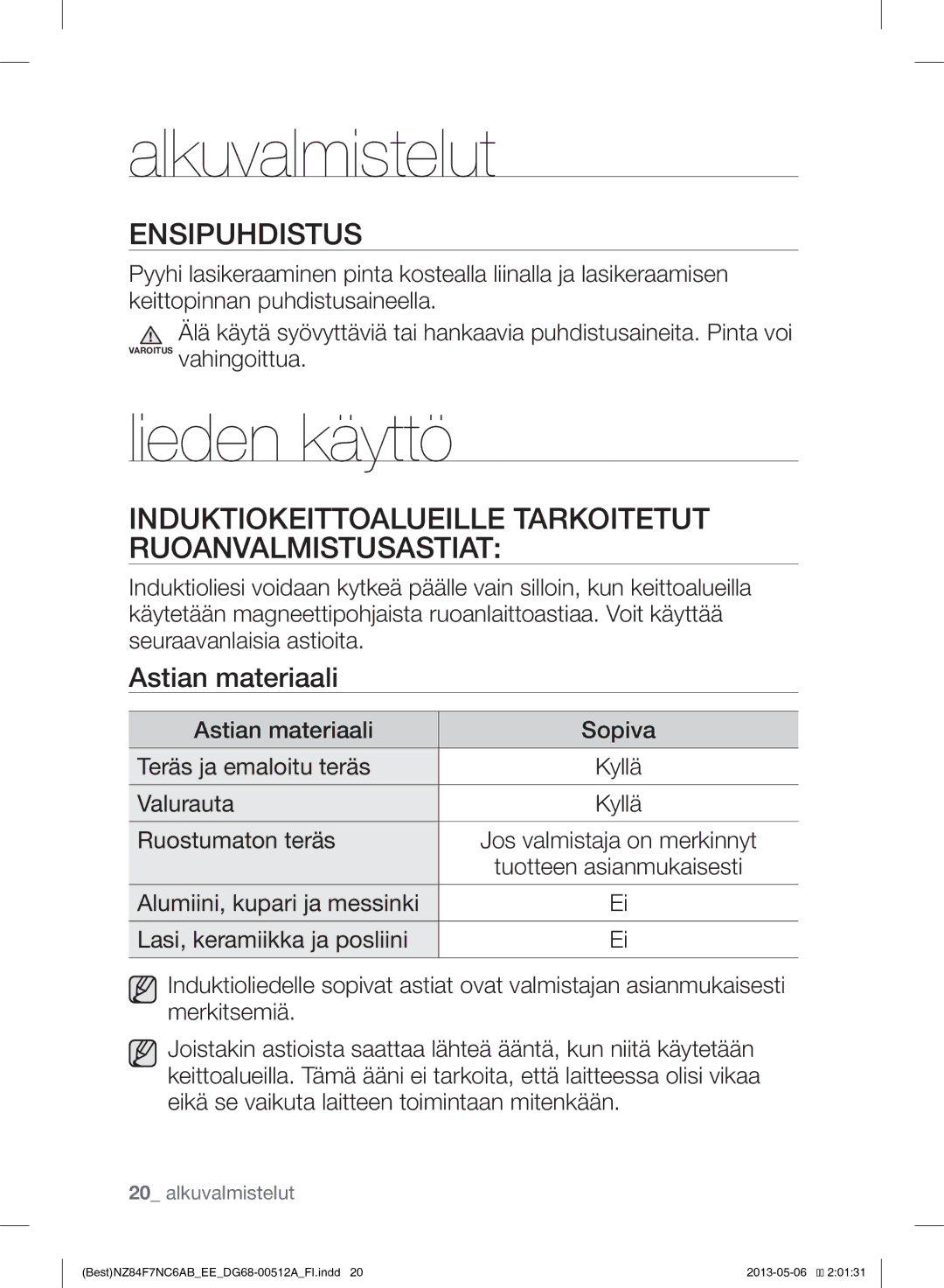 Samsung NZ84F7NC6AB/EE manual Alkuvalmistelut, Lieden käyttö, Ensipuhdistus, Astian materiaali 