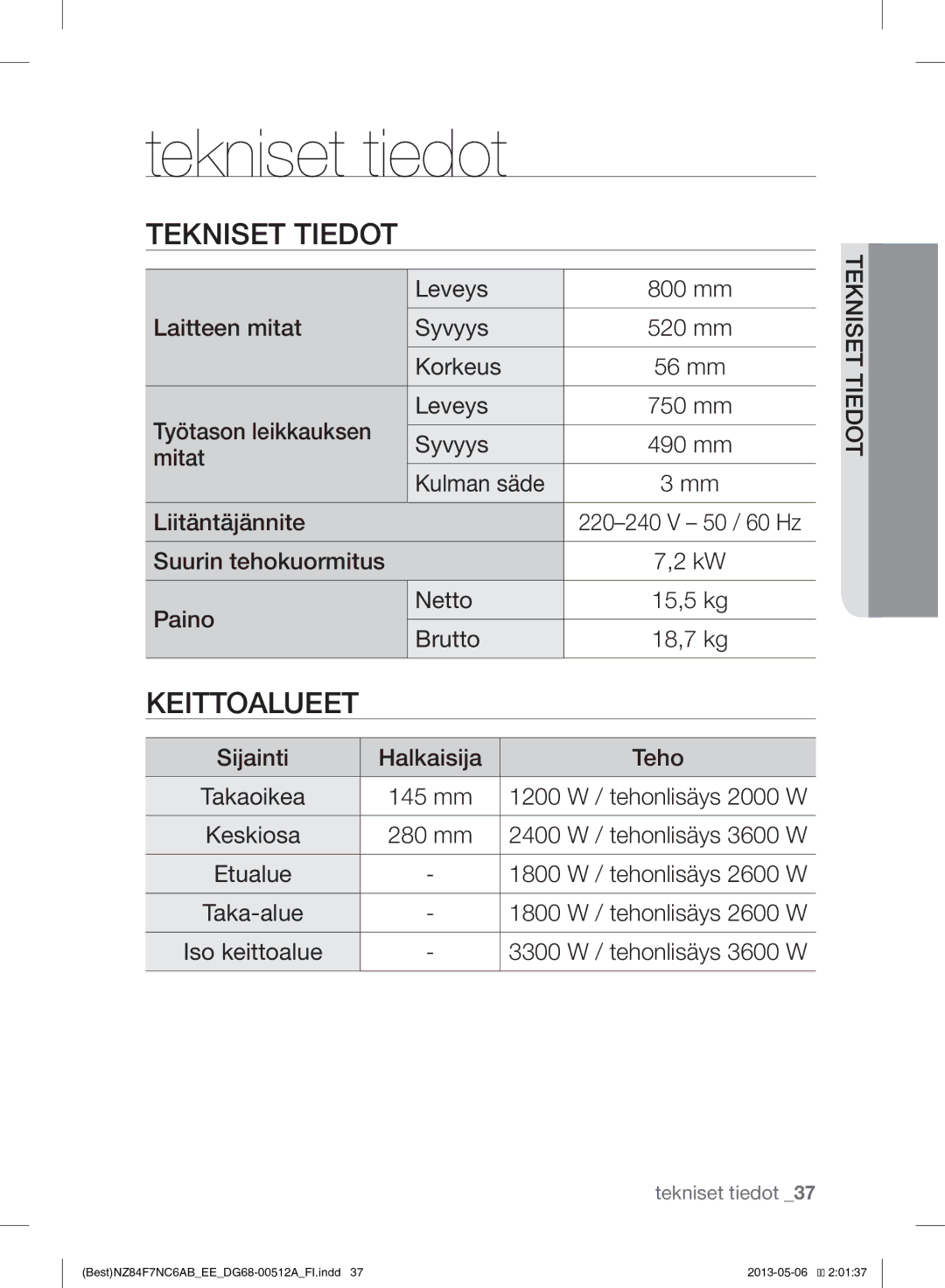 Samsung NZ84F7NC6AB/EE manual Tekniset tiedot, Tekniset Tiedot 