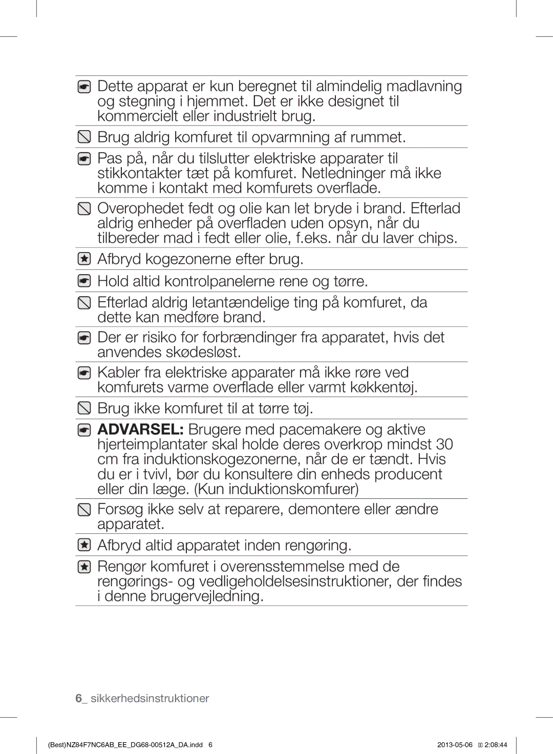 Samsung NZ84F7NC6AB/EE manual Sikkerhedsinstruktioner 