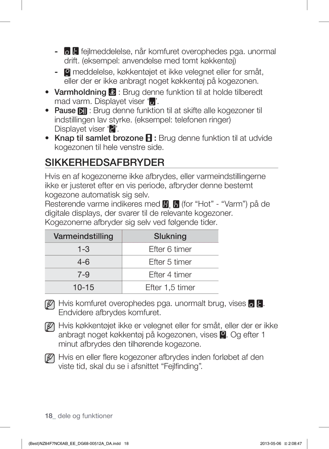 Samsung NZ84F7NC6AB/EE manual Sikkerhedsafbryder 