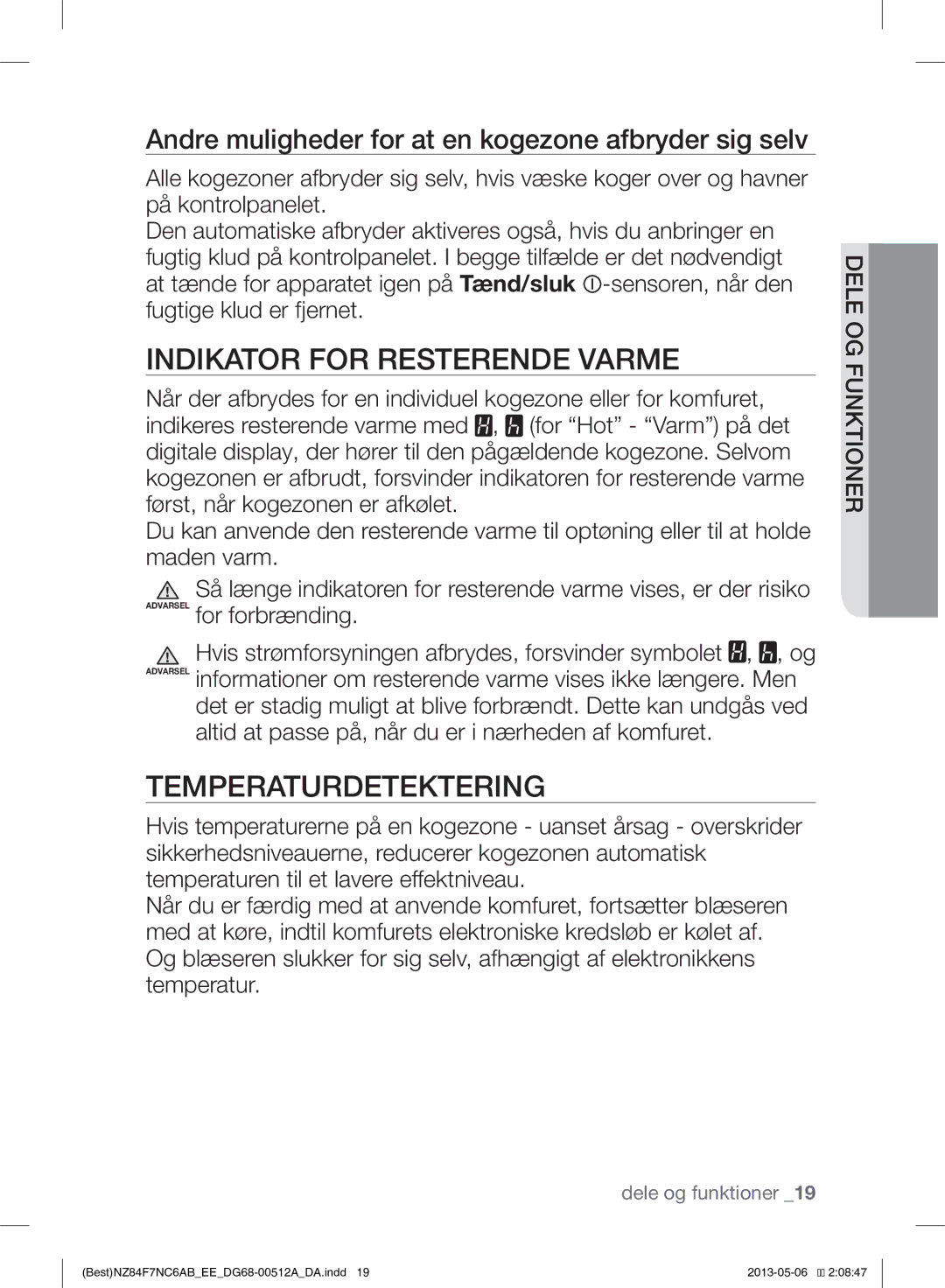 Samsung NZ84F7NC6AB/EE manual Indikator for Resterende Varme, Temperaturdetektering 