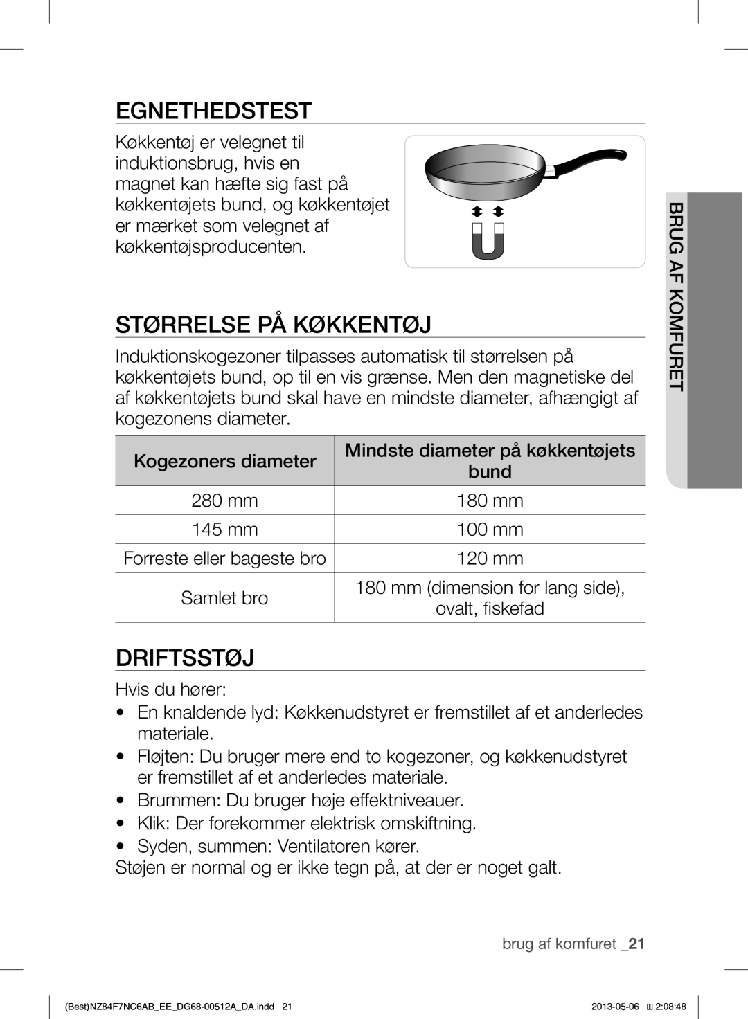 Samsung NZ84F7NC6AB/EE manual Egnethedstest, Størrelse PÅ Køkkentøj, Driftsstøj 