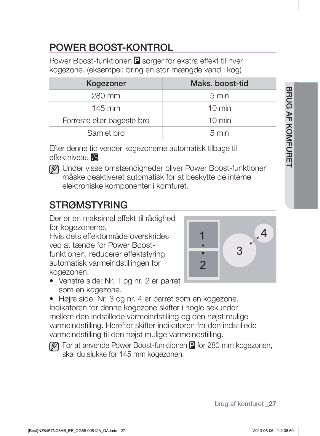 Samsung NZ84F7NC6AB/EE manual Power BOOST-KONTROL, Strømstyring 