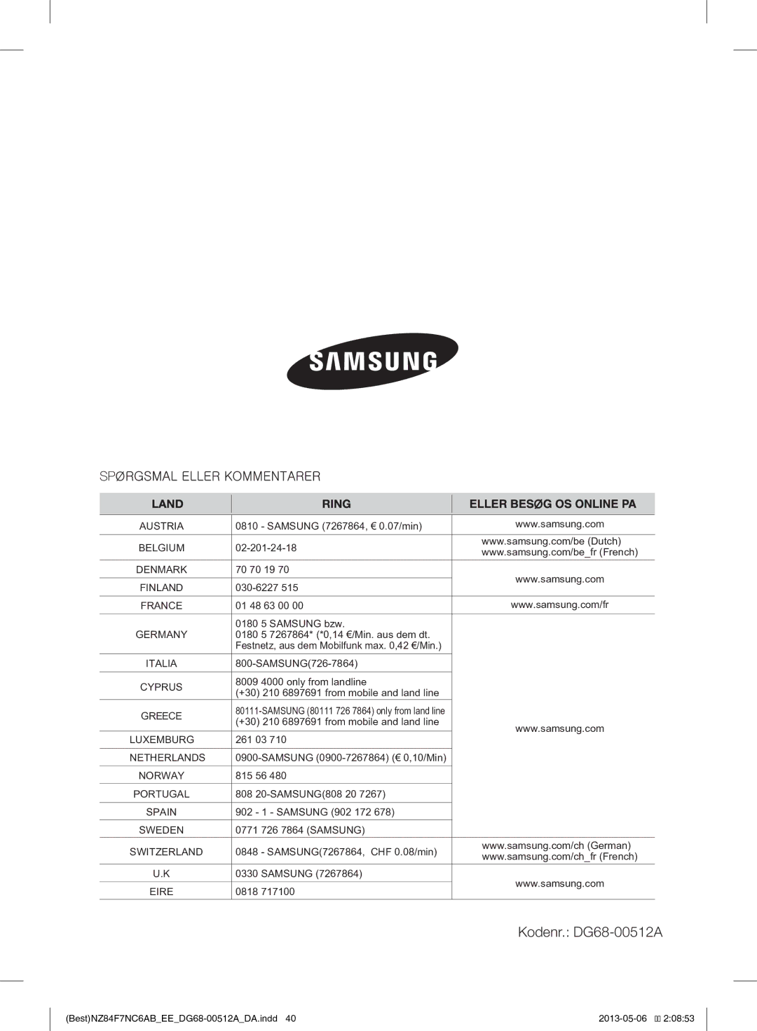 Samsung NZ84F7NC6AB/EE manual 8009 4000 only from landline 