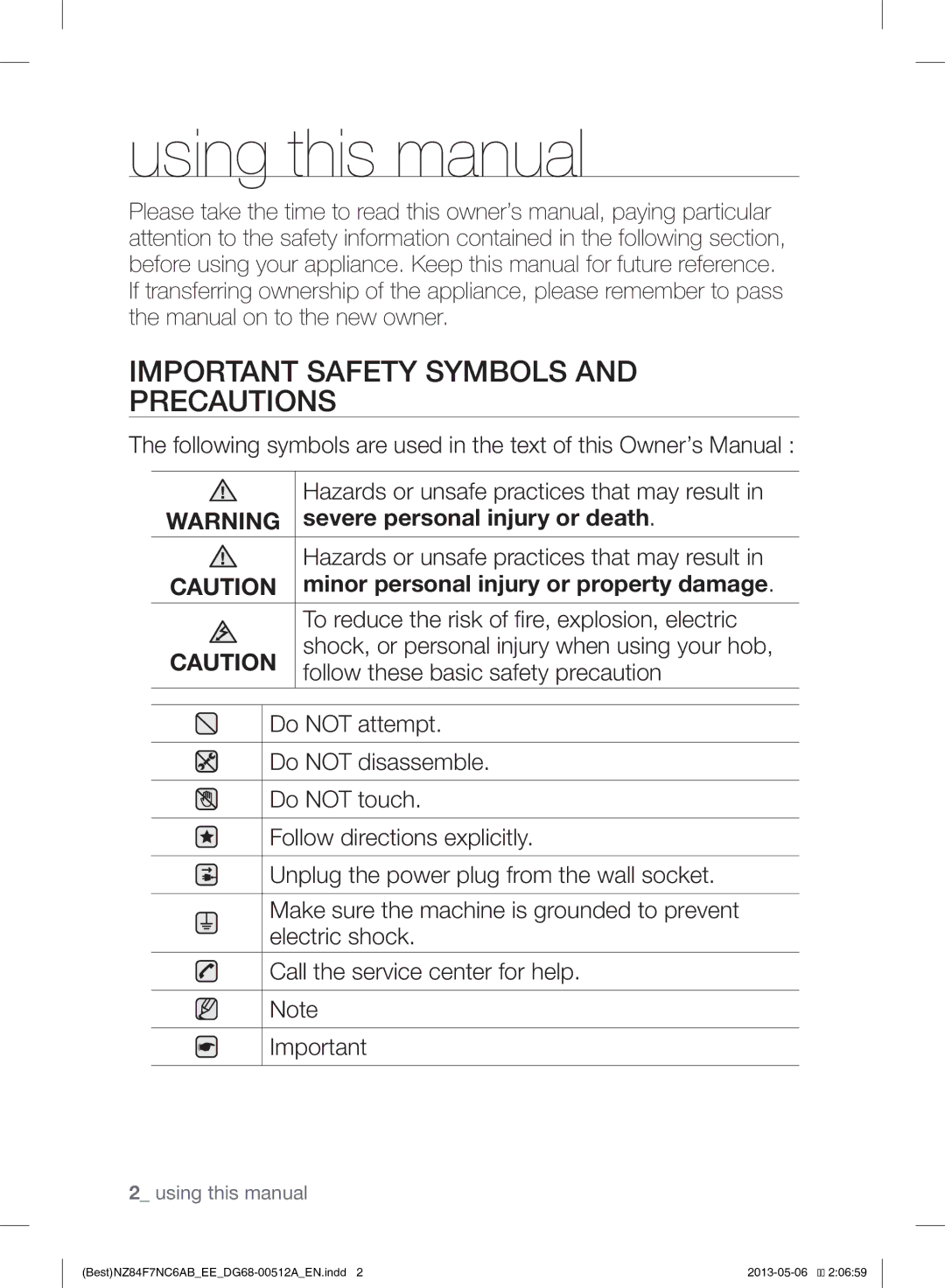 Samsung NZ84F7NC6AB/EE Using this manual, Important Safety Symbols and Precautions, Severe personal injury or death 