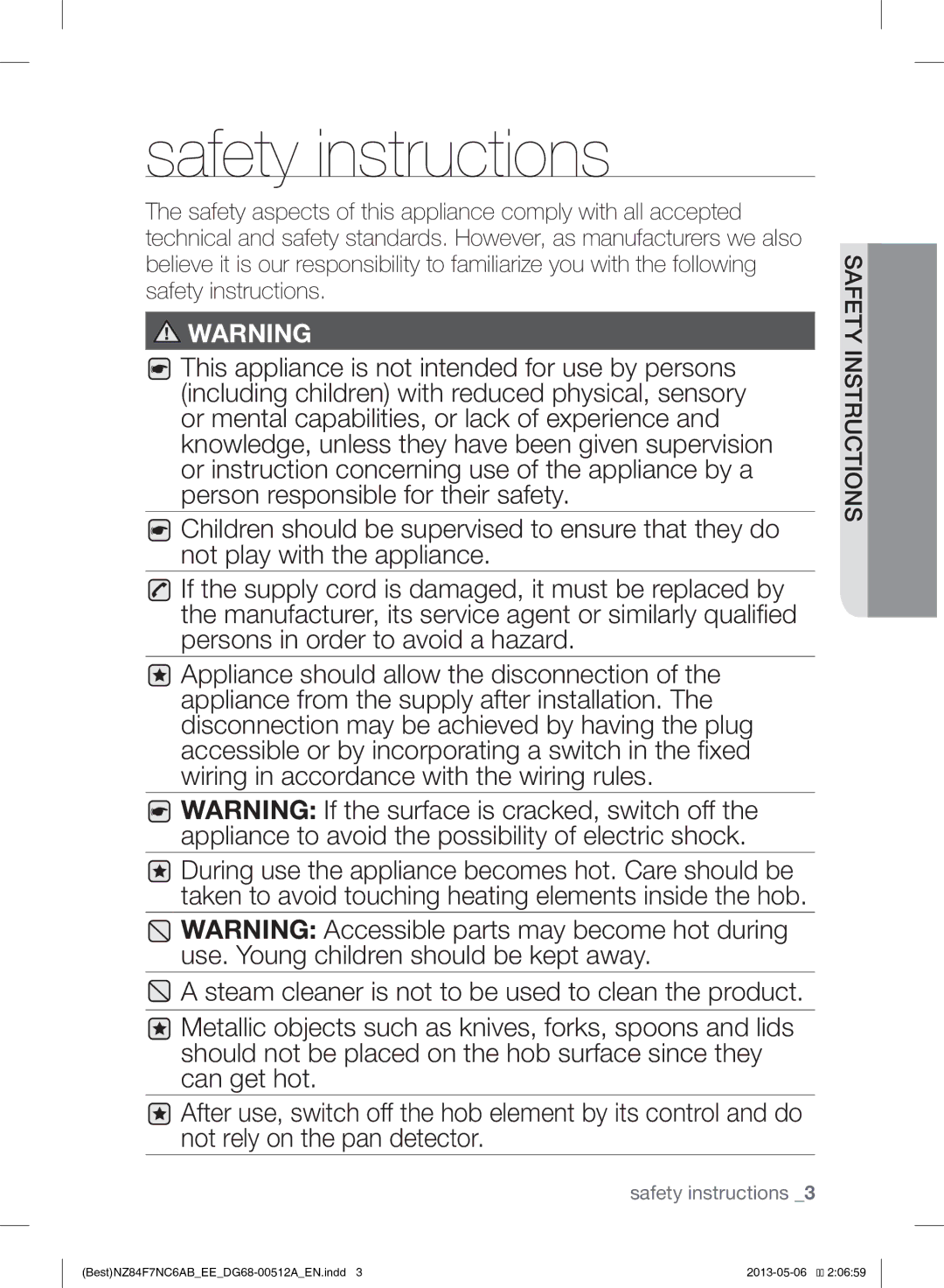 Samsung NZ84F7NC6AB/EE manual Safety instructions 