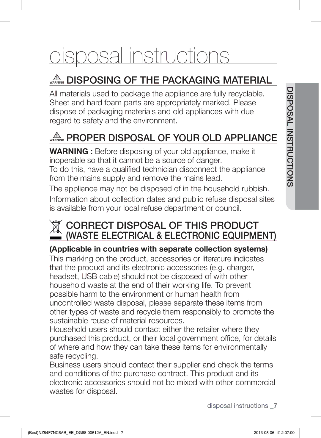 Samsung NZ84F7NC6AB/EE manual Disposal instructions, Applicable in countries with separate collection systems 