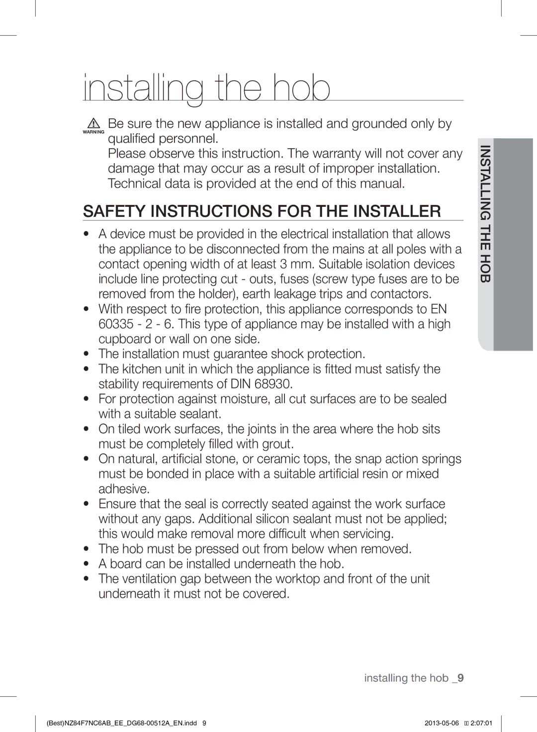 Samsung NZ84F7NC6AB/EE manual Installing the hob, Safety Instructions for the Installer 