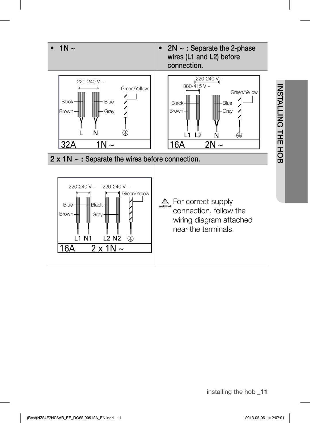 Samsung NZ84F7NC6AB/EE manual 2N ~ Separate the 2-phase Hobthe Wires L1 and L2 before 