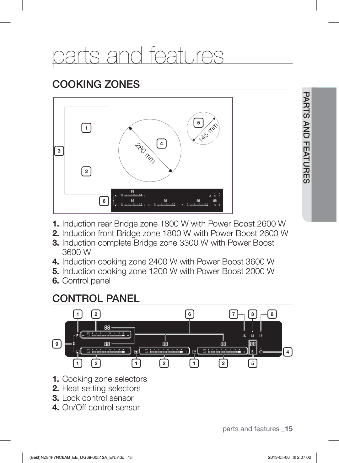 Samsung NZ84F7NC6AB/EE manual Parts and features, Cooking Zones, Control Panel 