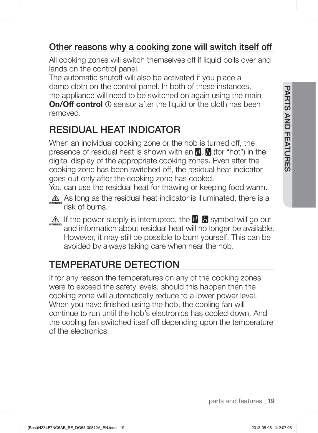 Samsung NZ84F7NC6AB/EE manual Residual Heat Indicator, Temperature Detection 