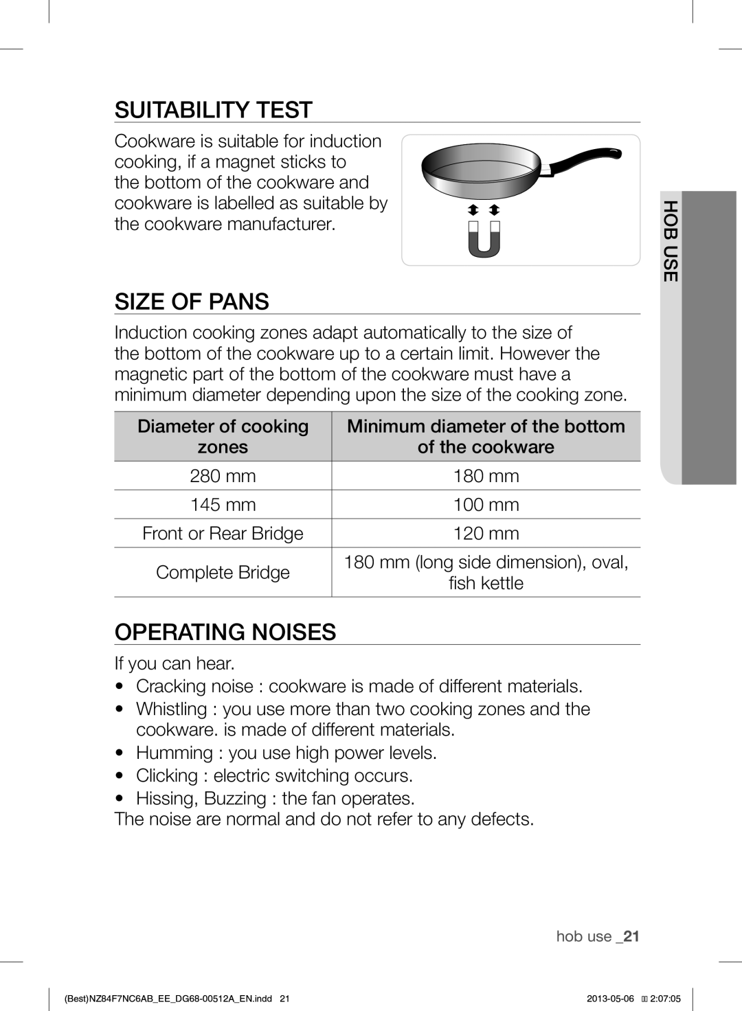 Samsung NZ84F7NC6AB/EE manual Suitability Test, Size of Pans, Operating Noises 