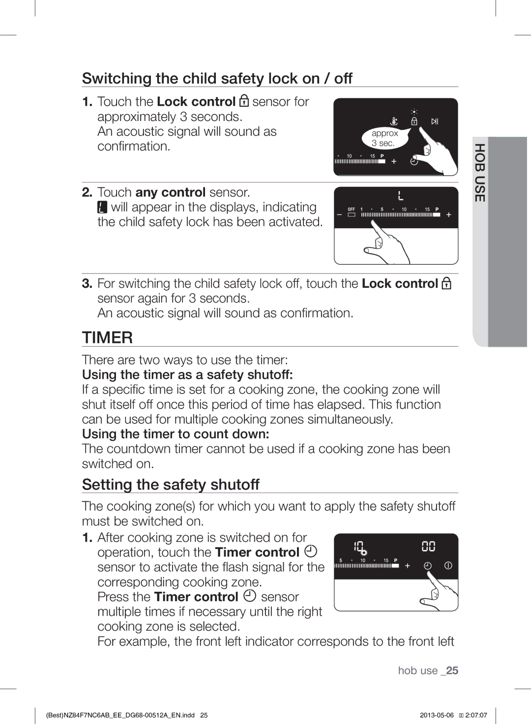 Samsung NZ84F7NC6AB/EE Switching the child safety lock on / off, Setting the safety shutoff, Touch any control sensor 