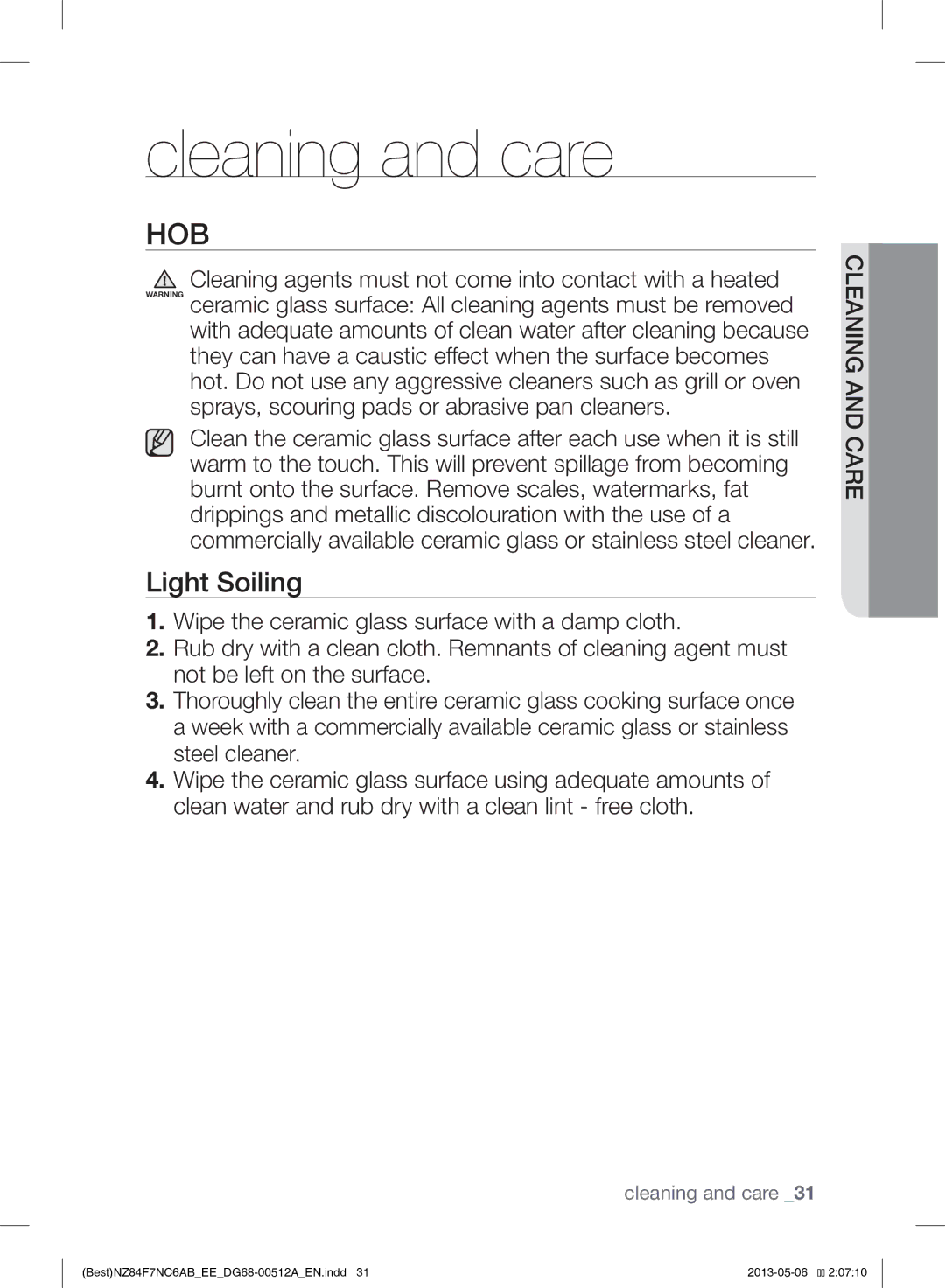 Samsung NZ84F7NC6AB/EE manual Cleaning and care, Hob, Light Soiling 