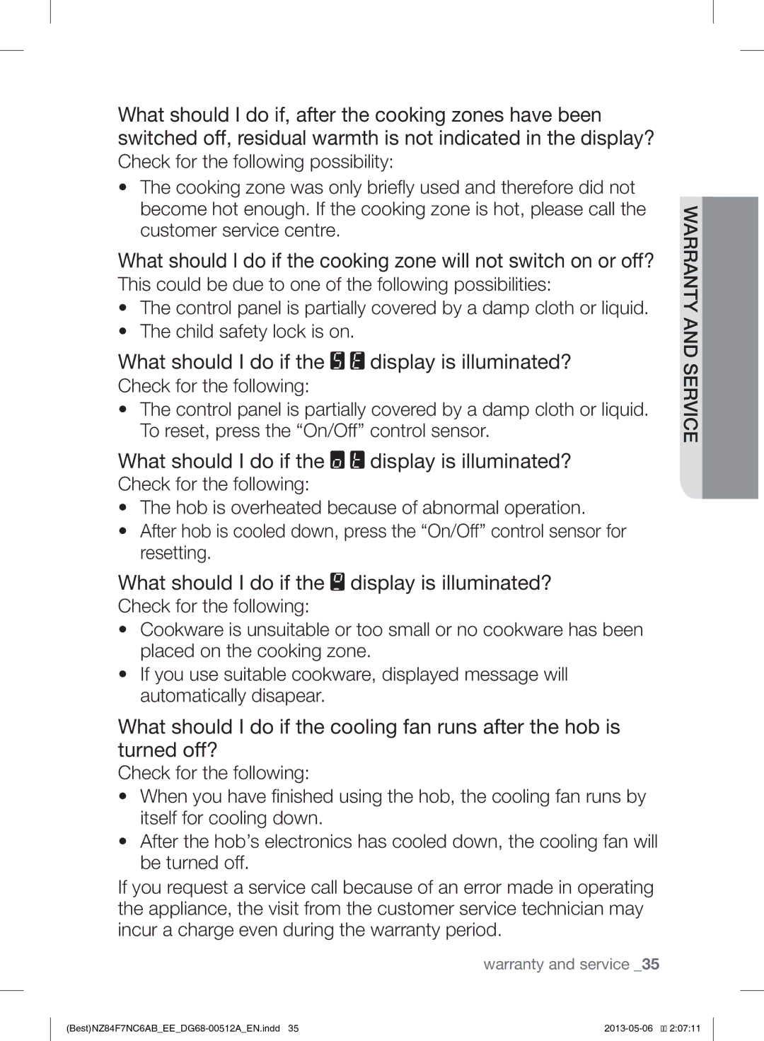 Samsung NZ84F7NC6AB/EE manual What should I do if the display is illuminated? 