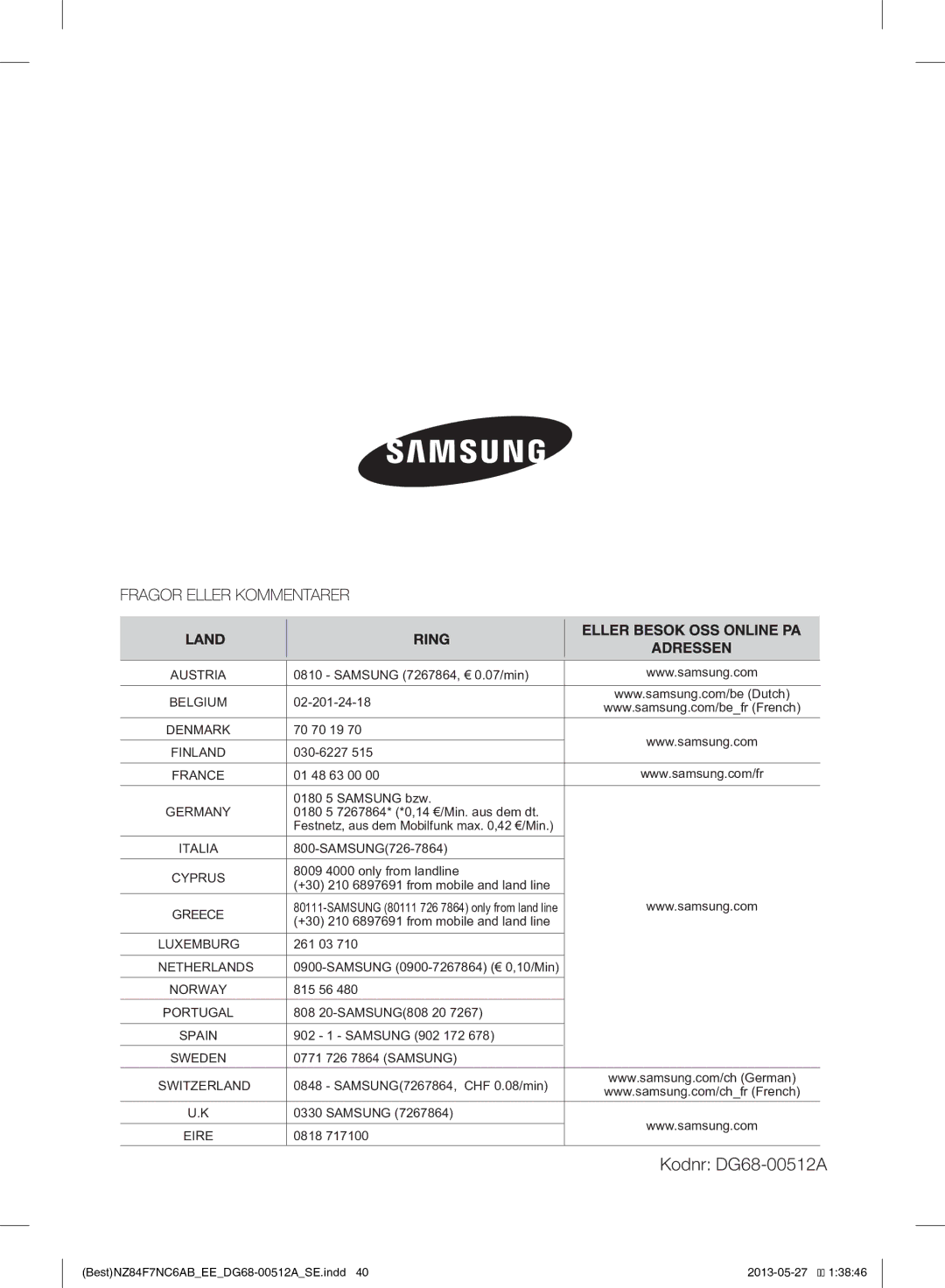 Samsung NZ84F7NC6AB/EE manual Kodnr DG68-00512A 