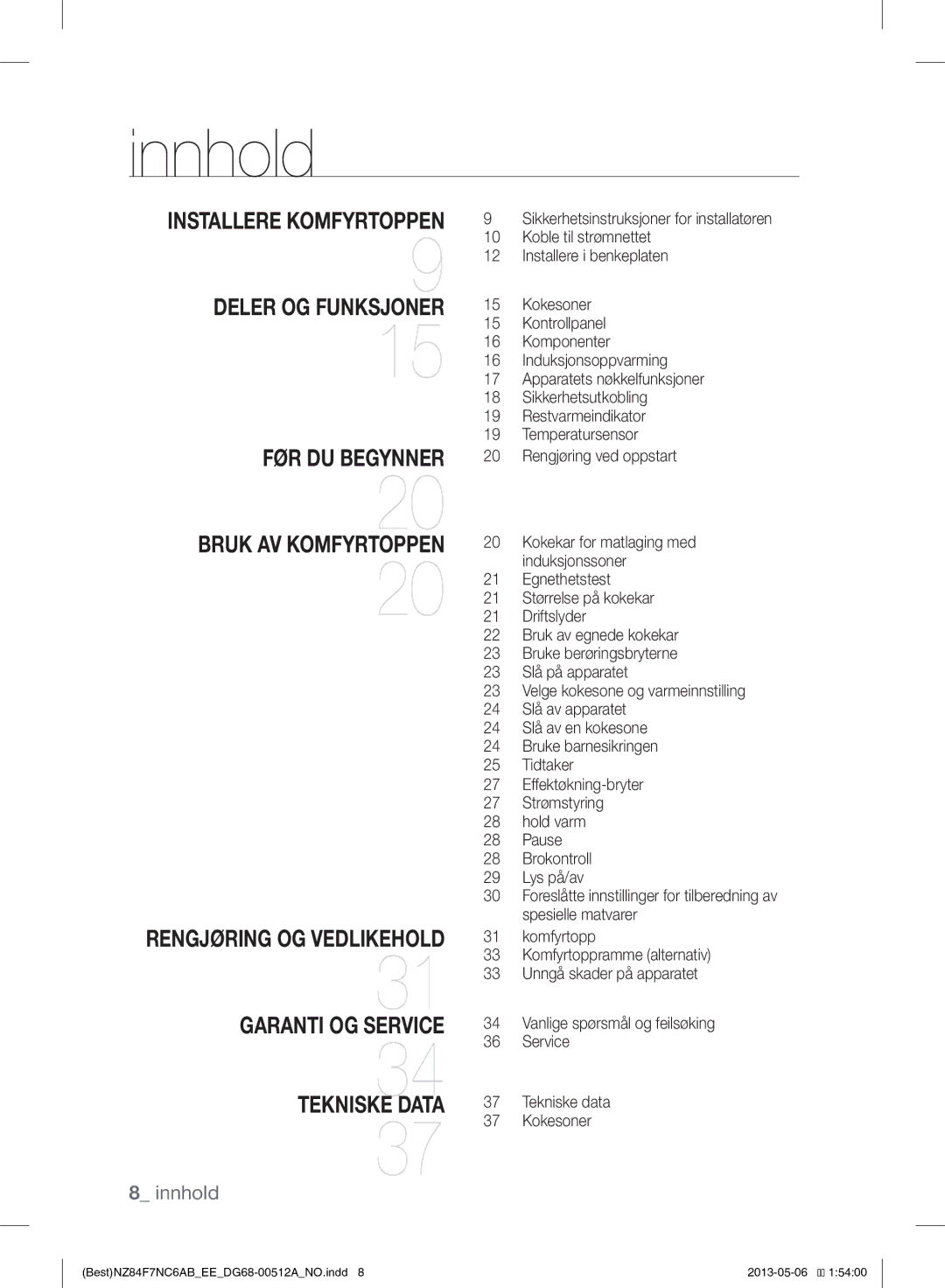 Samsung NZ84F7NC6AB/EE manual Innhold, Garanti OG Service Tekniske Data 