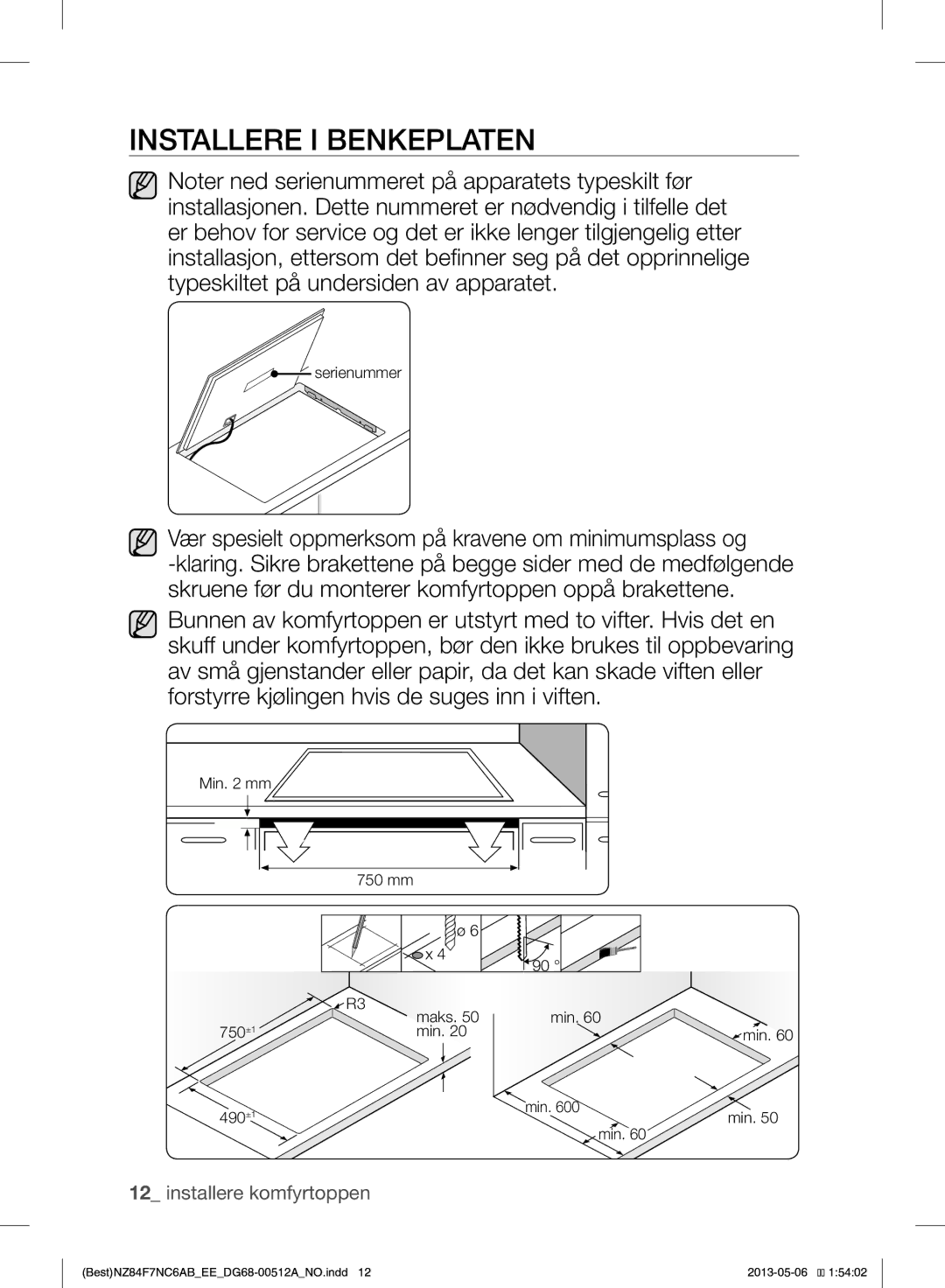 Samsung NZ84F7NC6AB/EE manual Installere I Benkeplaten 