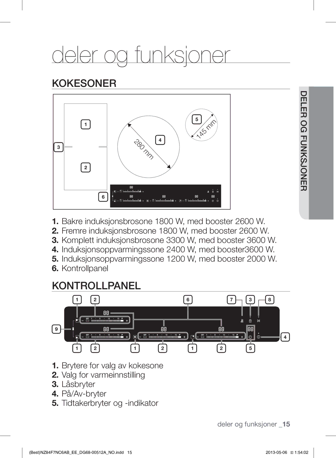 Samsung NZ84F7NC6AB/EE manual Deler og funksjoner, Kokesoner, Kontrollpanel 