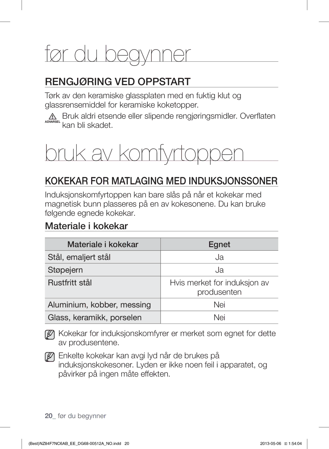 Samsung NZ84F7NC6AB/EE manual Før du begynner, Bruk av komfyrtoppen, Rengjøring VED Oppstart, Materiale i kokekar 