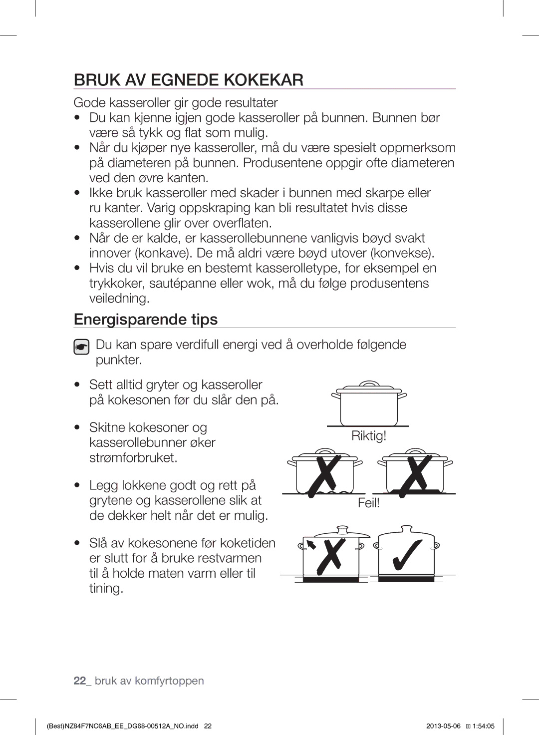 Samsung NZ84F7NC6AB/EE manual Bruk AV Egnede Kokekar, Energisparende tips 