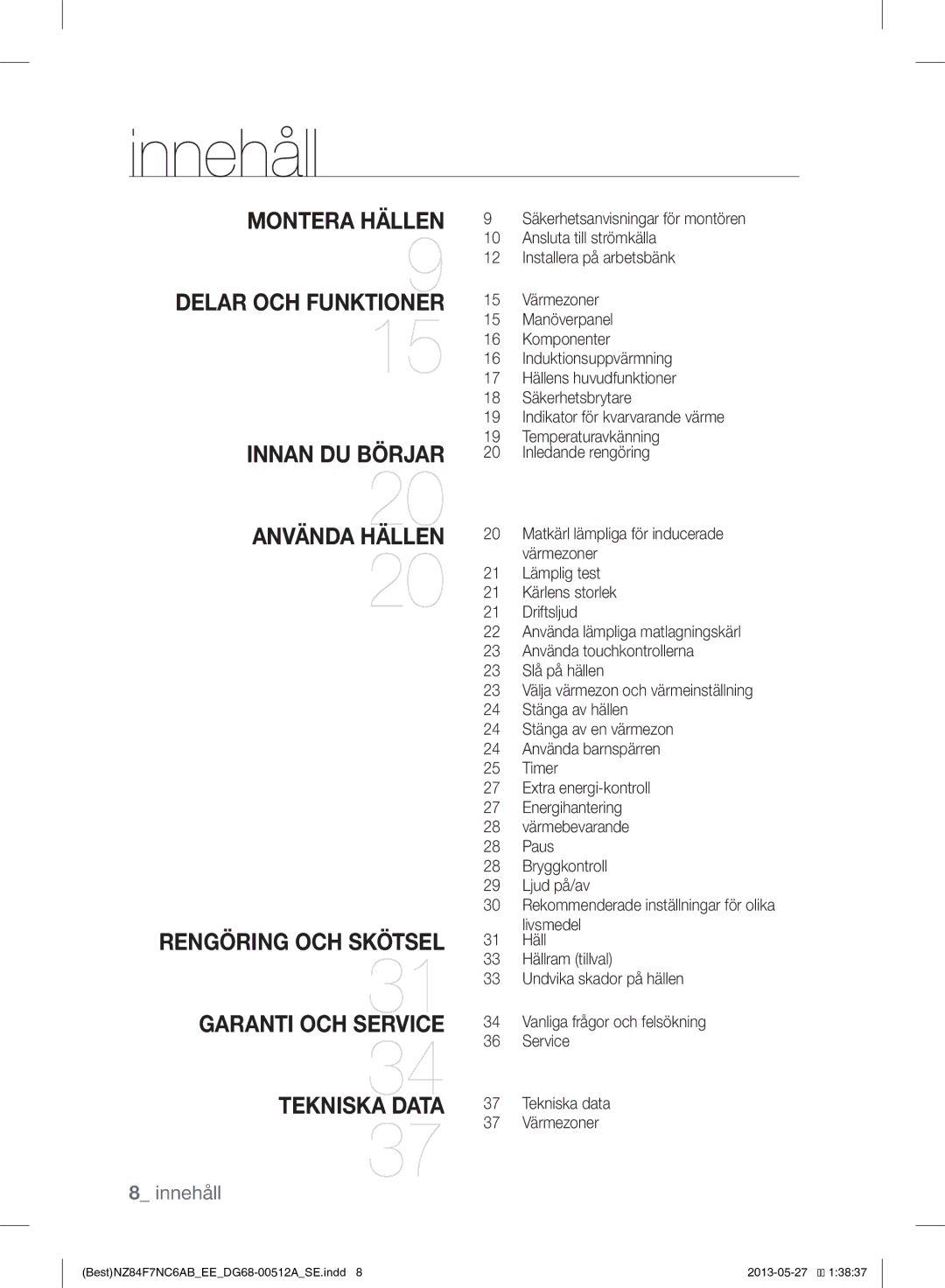 Samsung NZ84F7NC6AB/EE manual Innehåll 