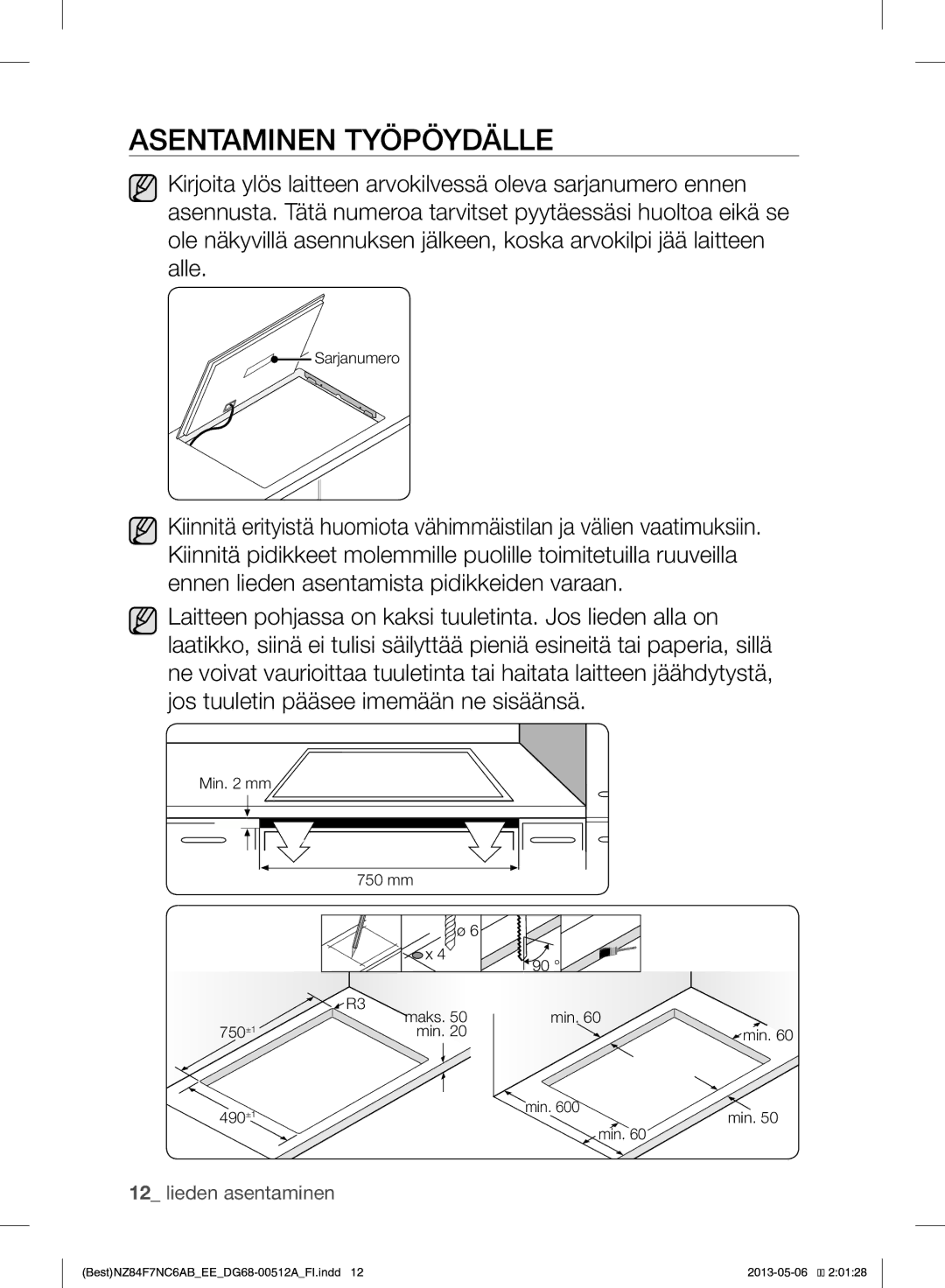 Samsung NZ84F7NC6AB/EE manual Asentaminen Työpöydälle 