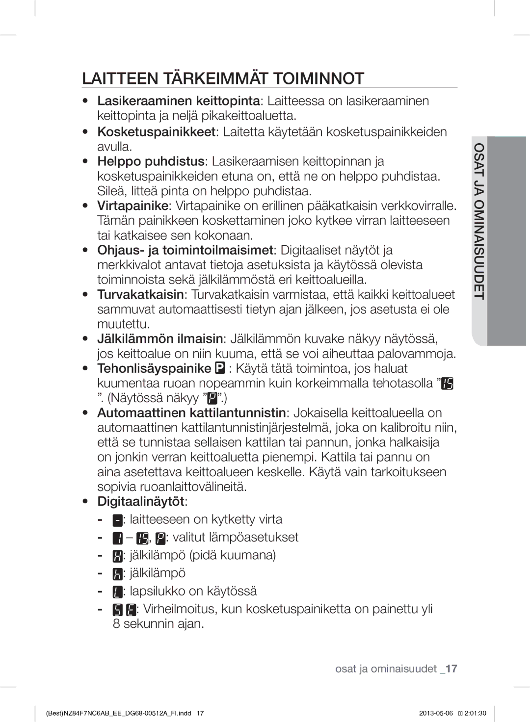 Samsung NZ84F7NC6AB/EE manual Laitteen Tärkeimmät Toiminnot 