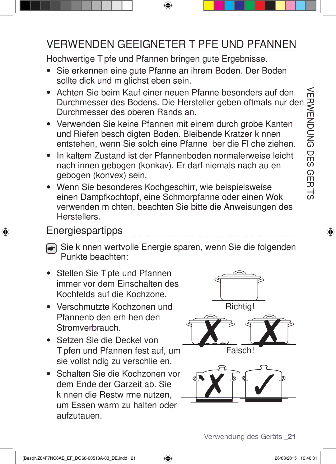 Samsung NZ84F7NC6AB/EF manual Verwenden Geeigneter Töpfe UND Pfannen, Energiespartipps 