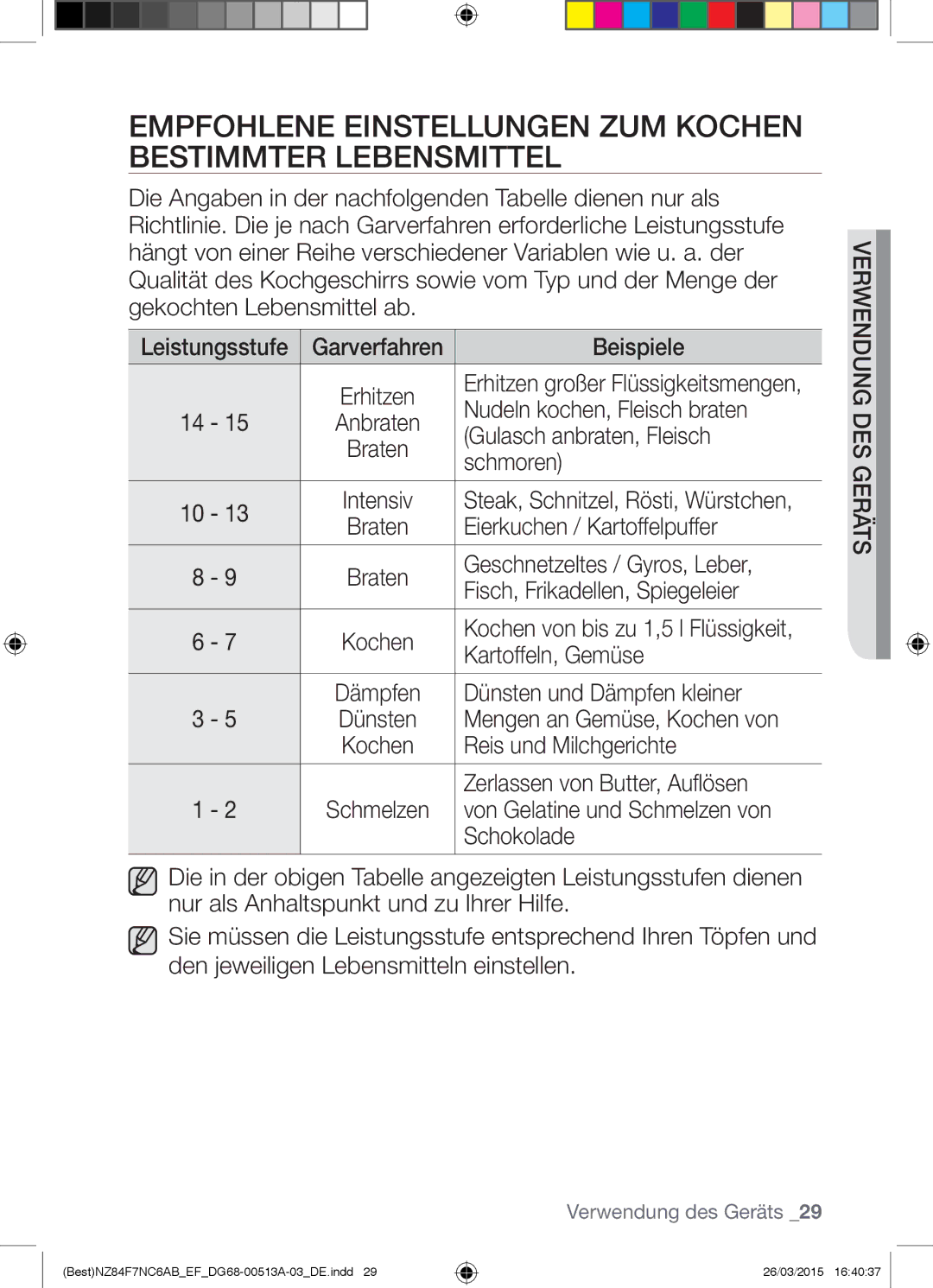 Samsung NZ84F7NC6AB/EF manual Empfohlene Einstellungen ZUM Kochen Bestimmter Lebensmittel 