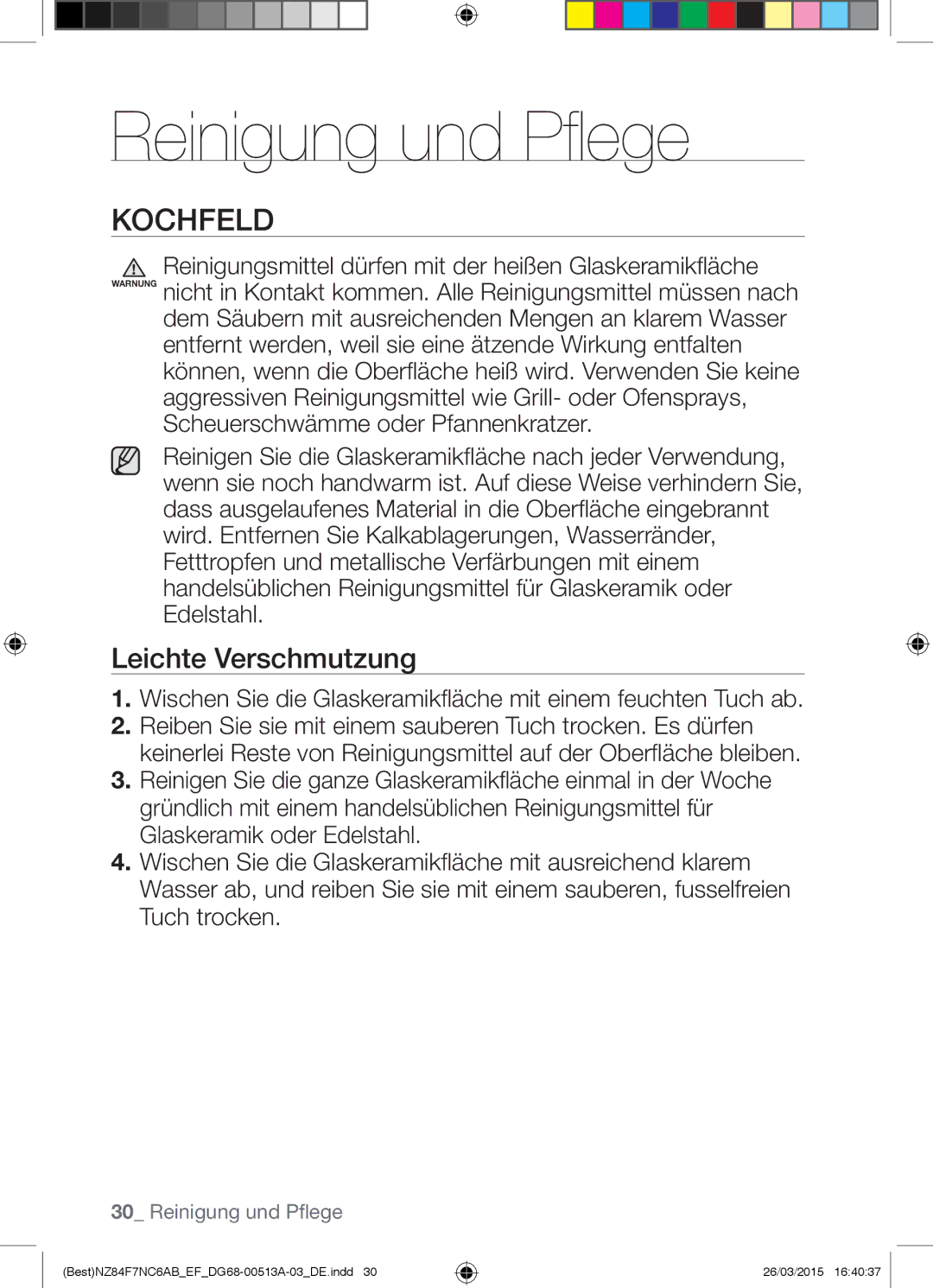 Samsung NZ84F7NC6AB/EF manual Reinigung und Pflege, Kochfeld, Leichte Verschmutzung 