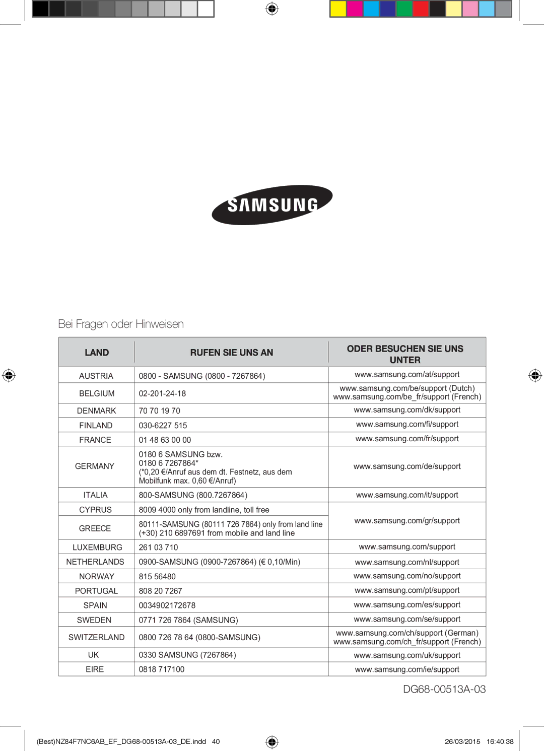 Samsung NZ84F7NC6AB/EF manual Bei Fragen oder Hinweisen 