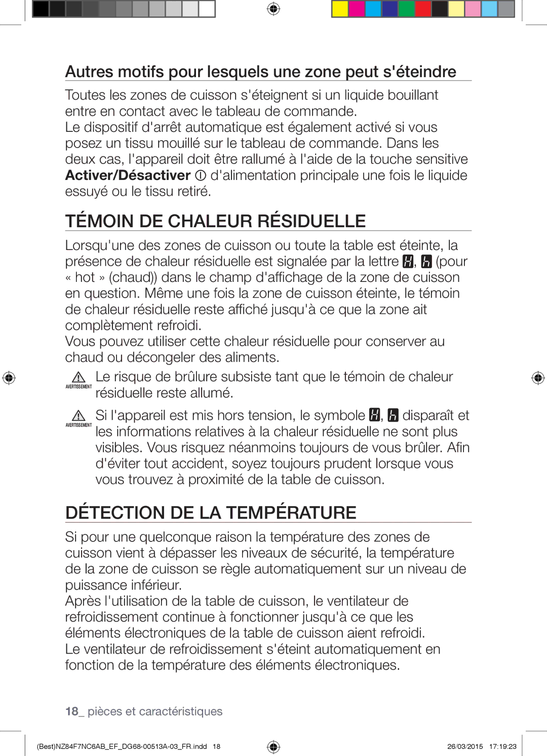 Samsung NZ84F7NC6AB/EF manual Témoin DE Chaleur Résiduelle, Détection DE LA Température 