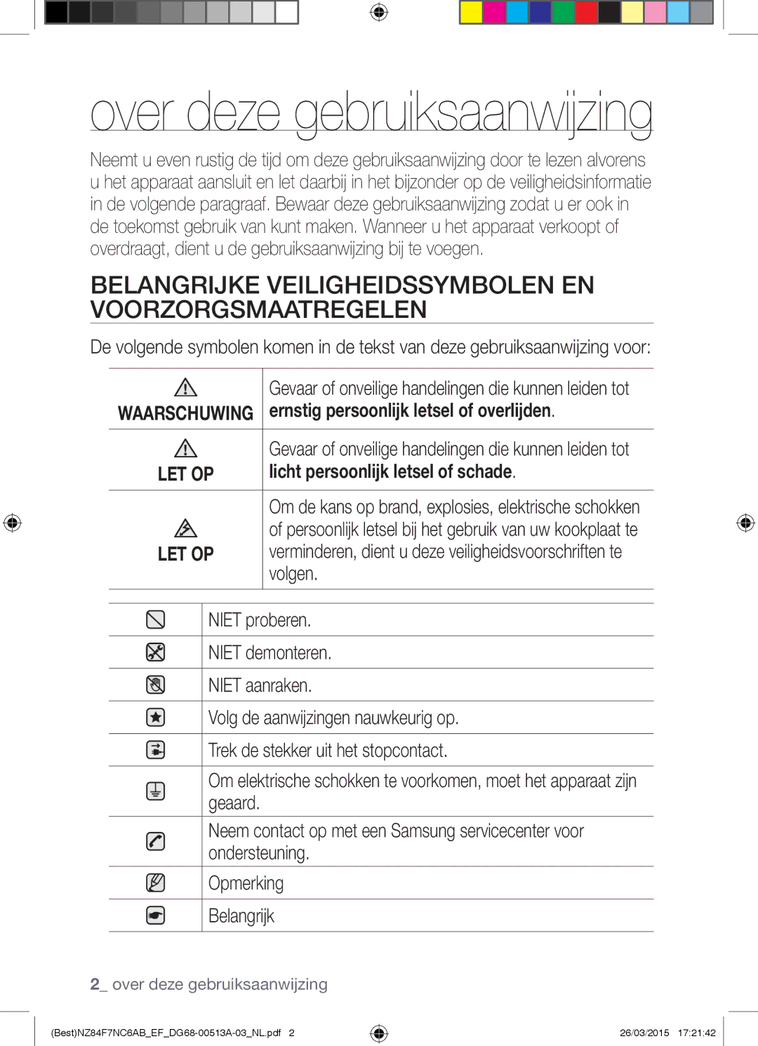 Samsung NZ84F7NC6AB/EF Belangrijke Veiligheidssymbolen EN Voorzorgsmaatregelen, Ernstig persoonlijk letsel of overlijden 