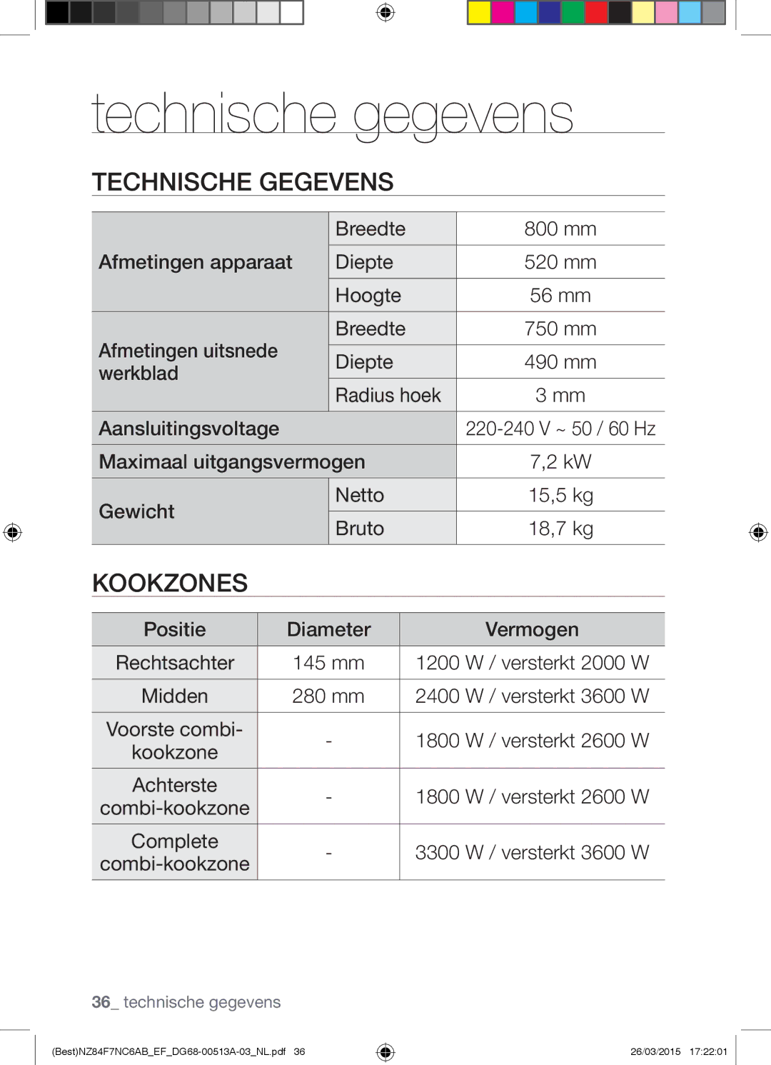 Samsung NZ84F7NC6AB/EF manual Technische gegevens, Technische Gegevens 