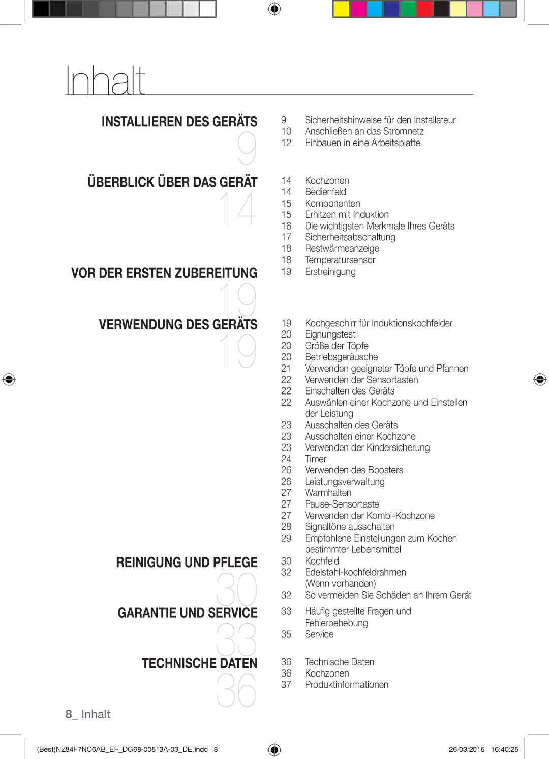 Samsung NZ84F7NC6AB/EF manual Inhalt, Installieren DES Geräts 